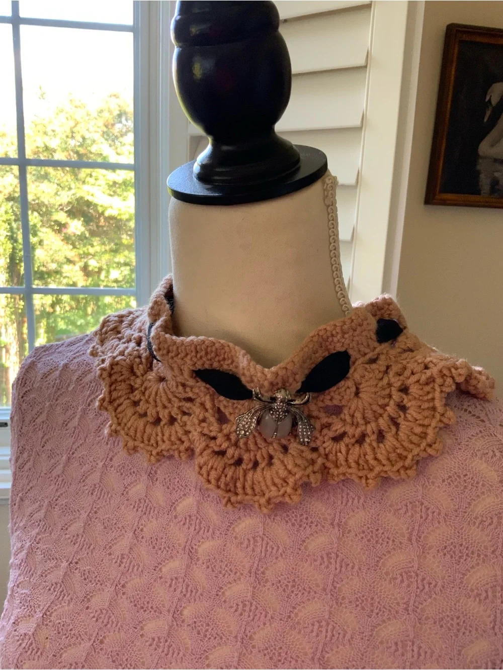 Desert Rose Crochet Collar with Silver Jeweled Bee Brooch